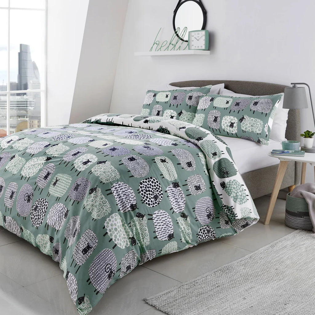Fusion Dotty Sheep reversible polycotton duvet cover set in duck egg.