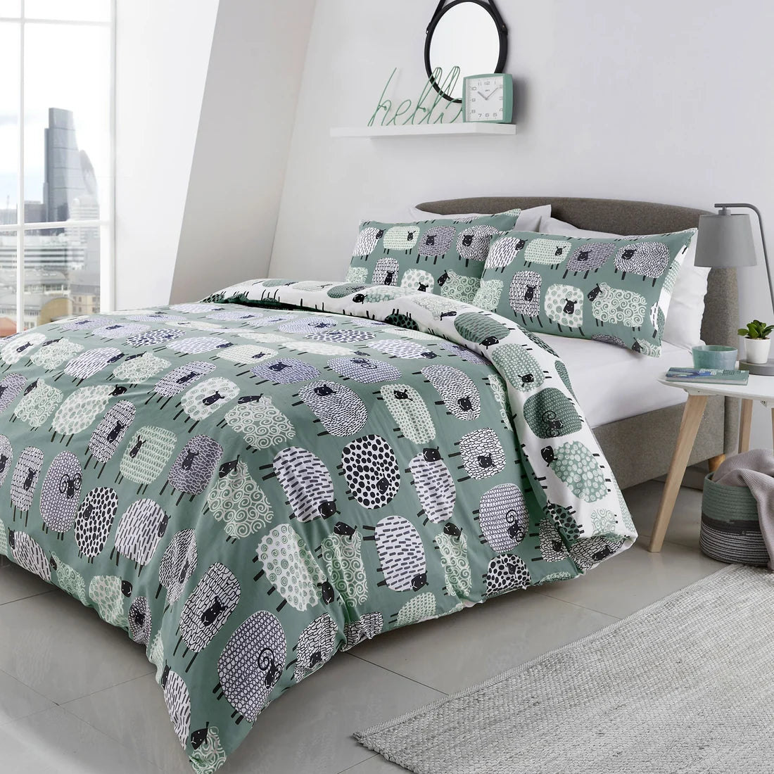 Fusion Dotty Sheep reversible polycotton duvet cover set in duck egg.