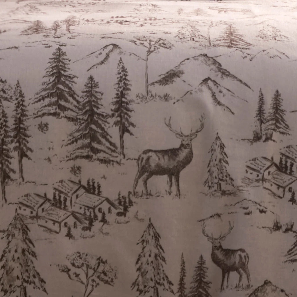Close-up of the soft 100% brushed cotton fabric on the Dreams & Drapes Alpine Stag duvet cover set.