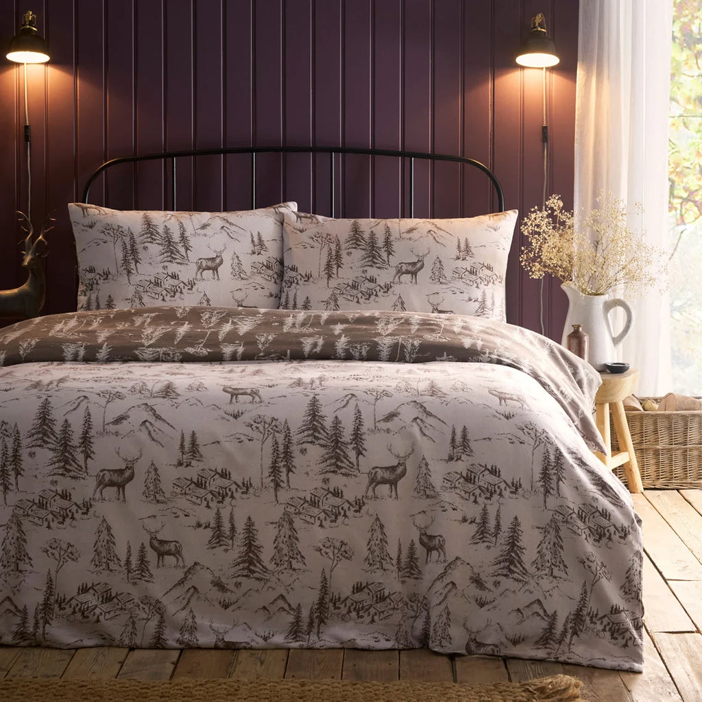 Dreams & Drapes Alpine Stag reversible brushed cotton duvet cover set in natural.