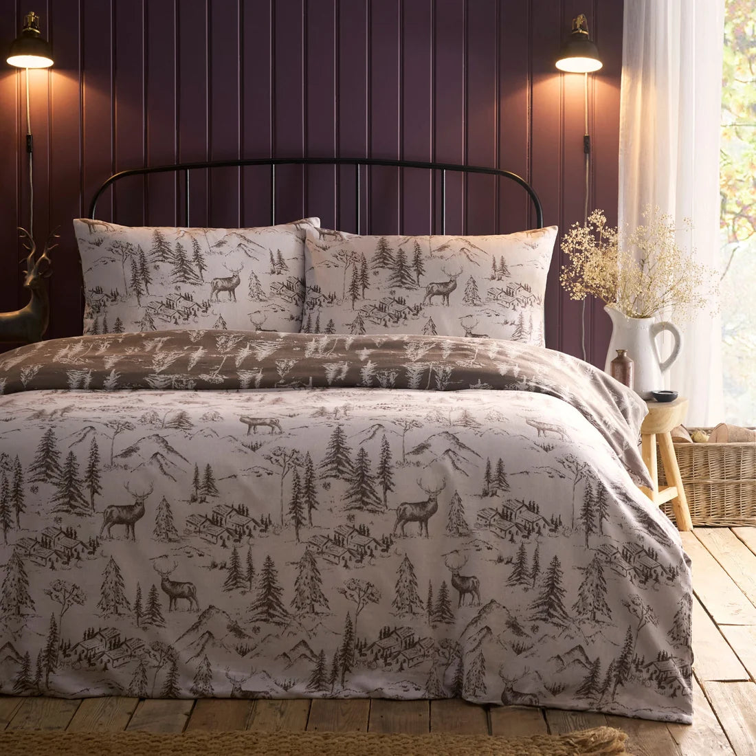Dreams & Drapes Alpine Stag reversible brushed cotton duvet cover set in natural.