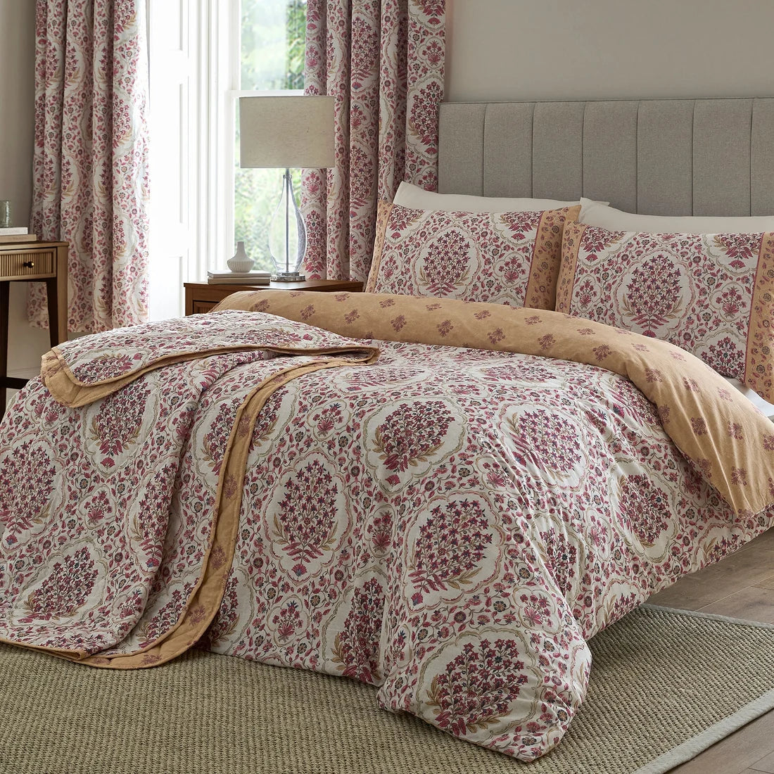 Dreams & Drapes Ashmead berry duvet cover set styled in an elegant bedroom.