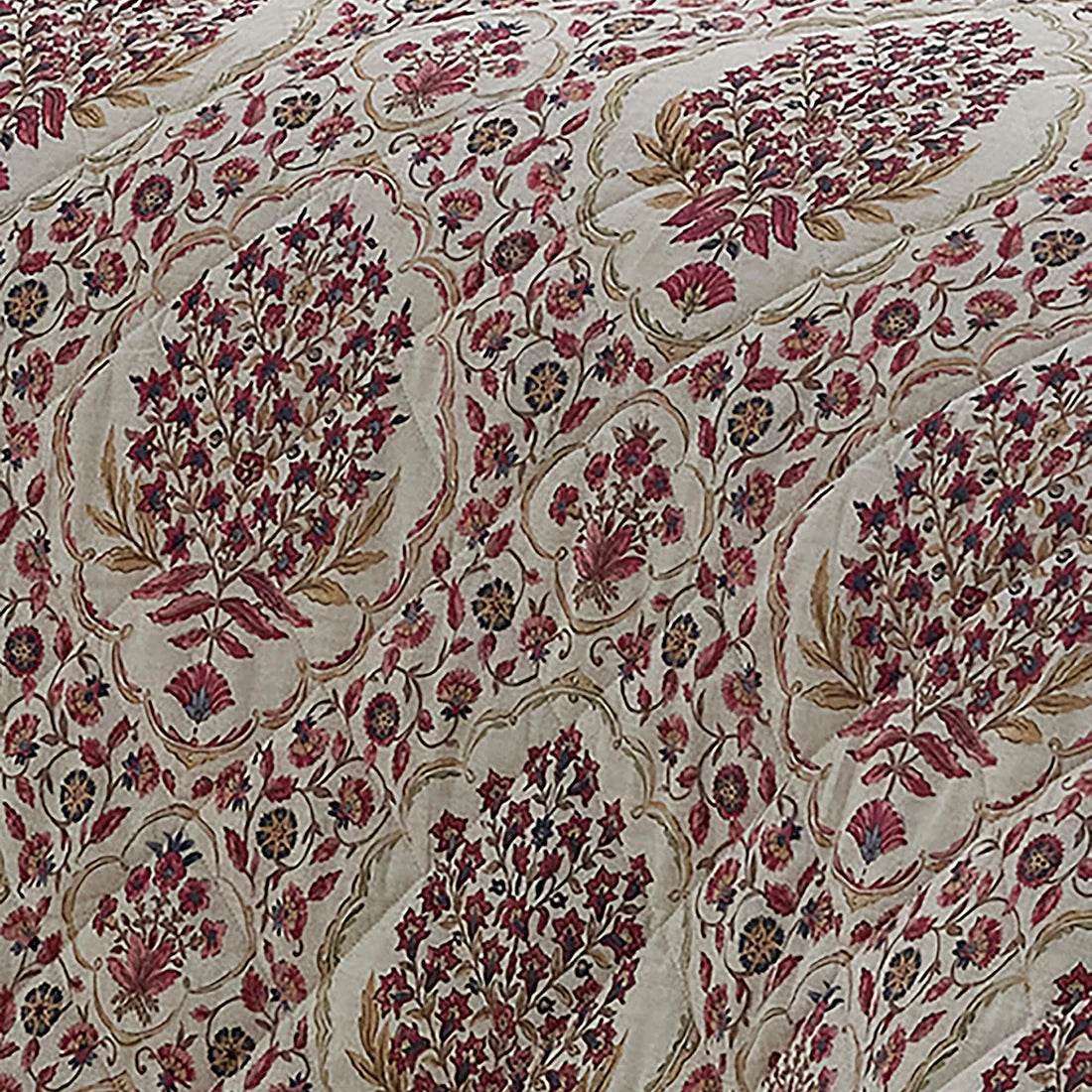 Close-up of the ornate damask medallion design on the Dreams & Drapes Ashmead Berry bedspread.