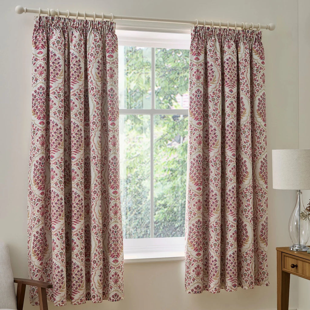 Dreams & Drapes Ashmead lined pencil pleat curtains in Berry with an ornate damask design.