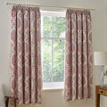 Dreams & Drapes Ashmead lined pencil pleat curtains in Berry with an ornate damask design.