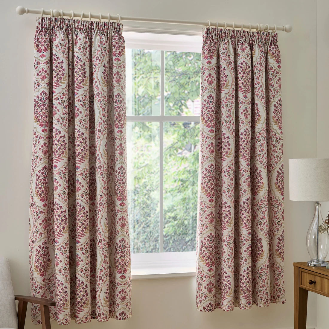 Dreams & Drapes Ashmead lined pencil pleat curtains in Berry with an ornate damask design.