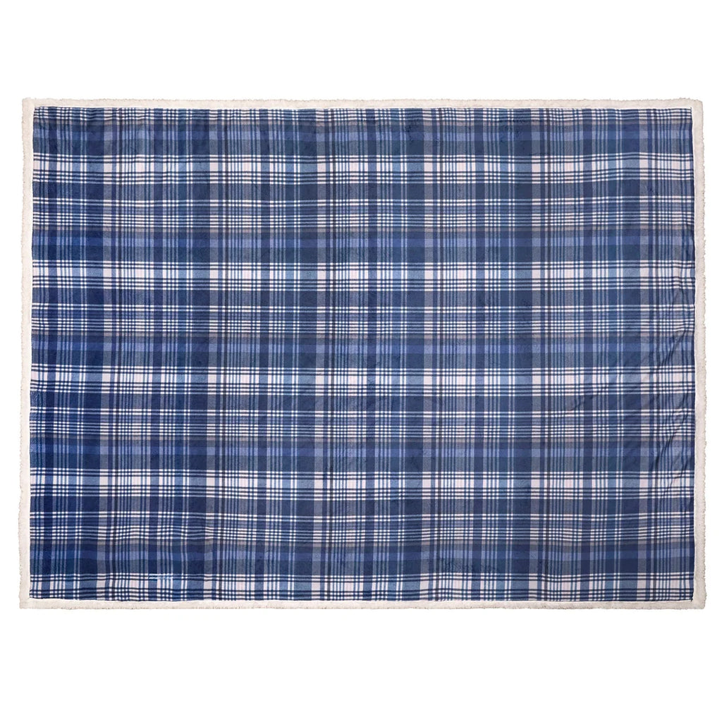 Close-up of the traditional check pattern on the Dreams & Drapes Bennet Navy throw.