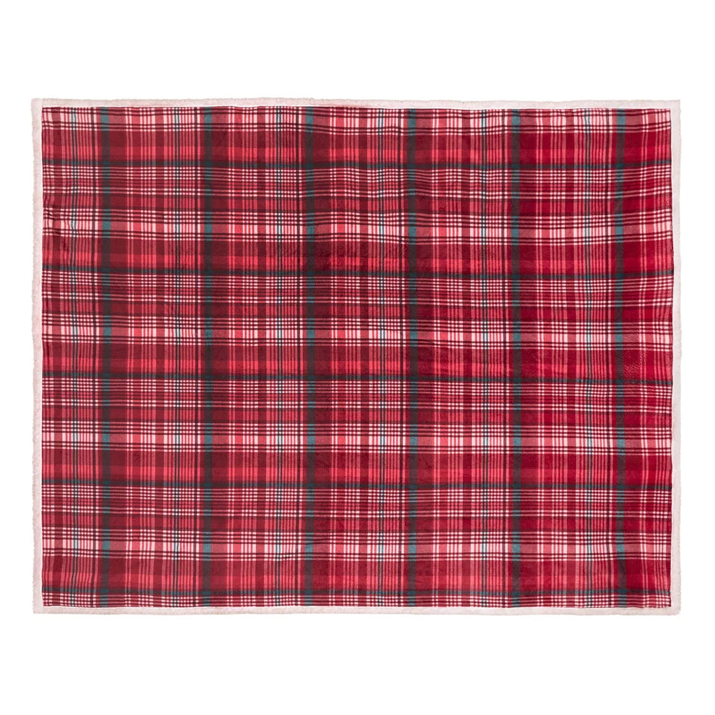 Close-up of the traditional check pattern on the Dreams & Drapes Bennet Red throw.