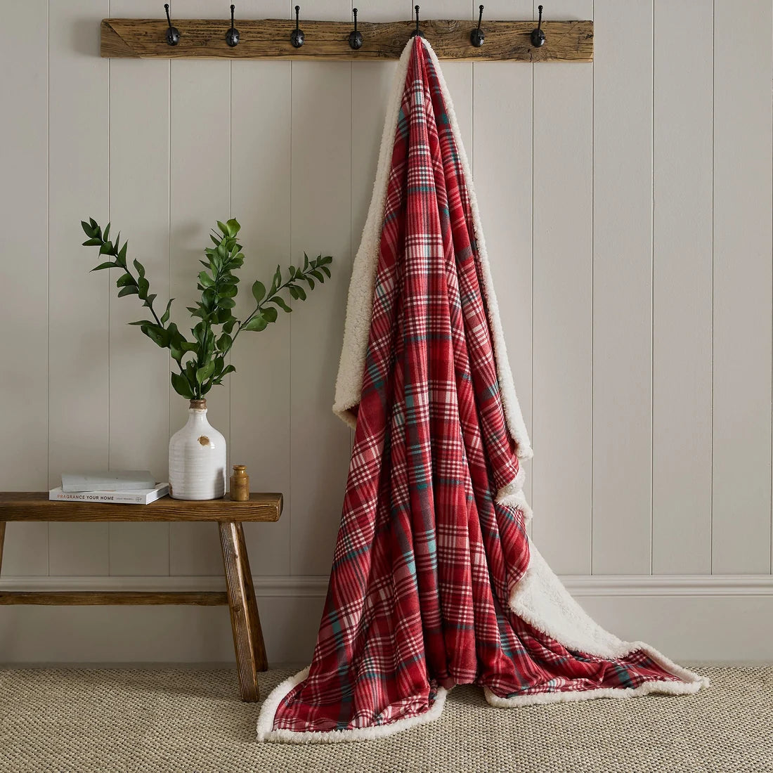 Dreams & Drapes Bennet Check sherpa fleece throw in Red 150 x 200cm.