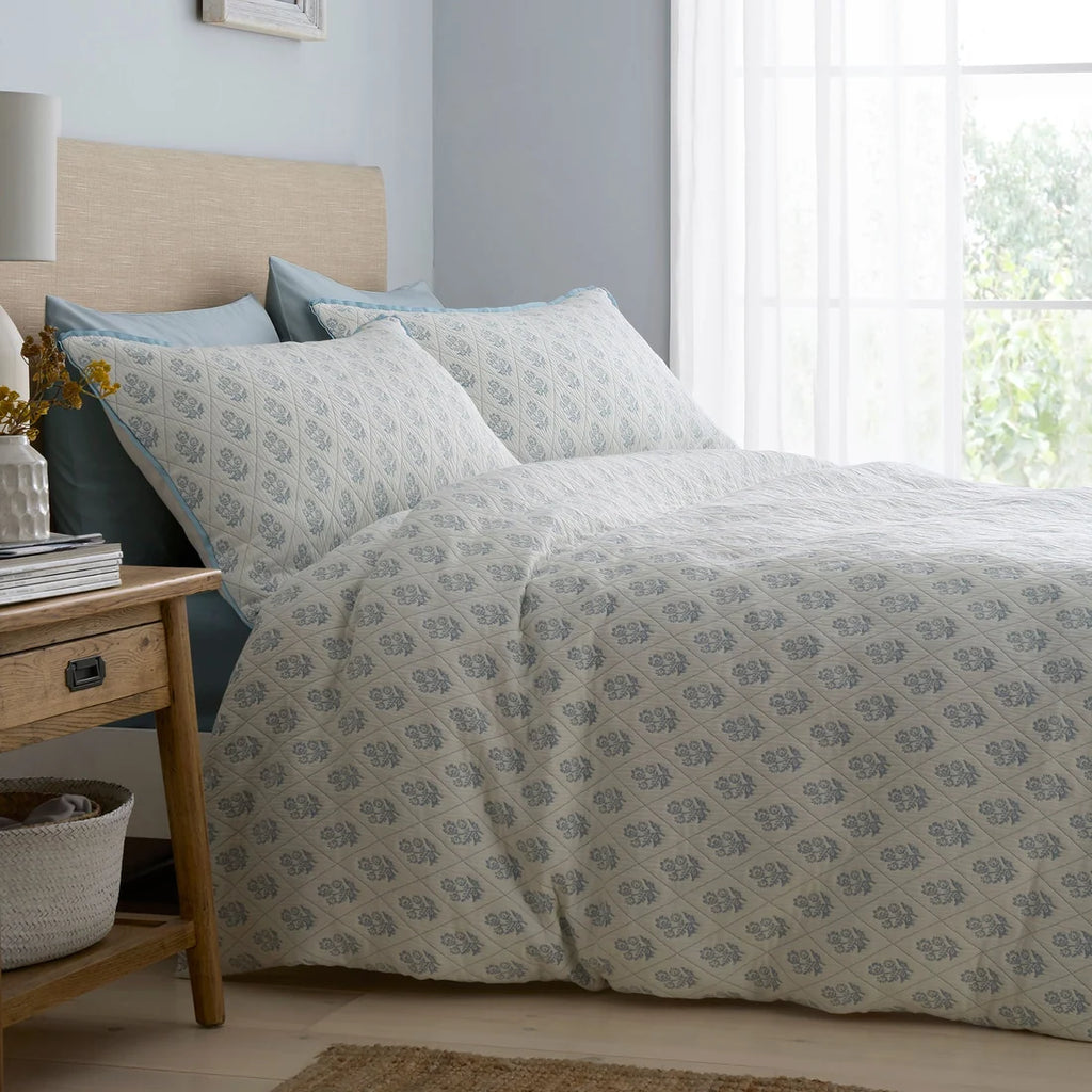 Dreams & Drapes Block Floral jacquard duvet cover set in blue.