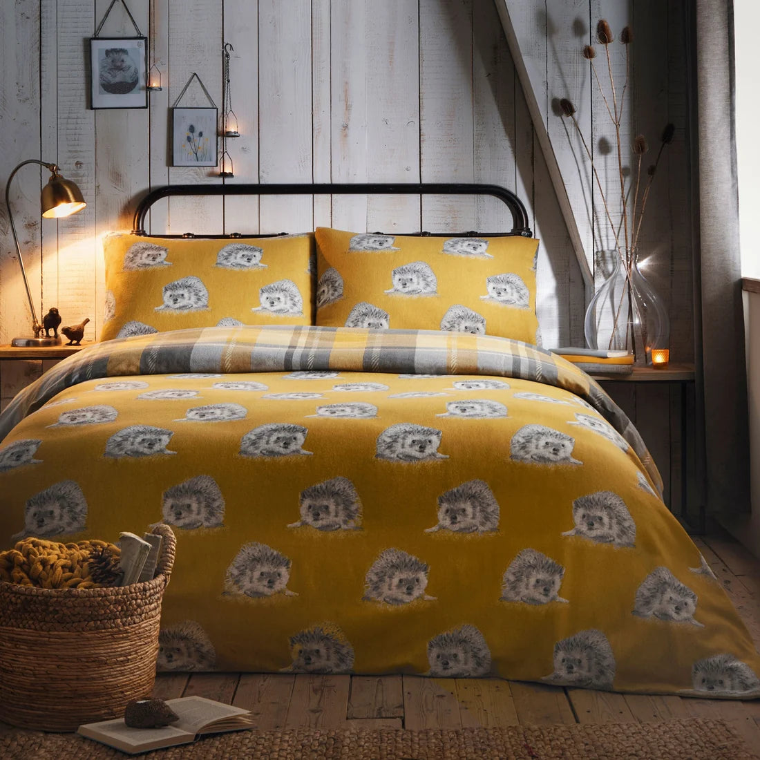 Repeating hedgehog reverse on the Dreams & Drapes Colville Check duvet cover set.