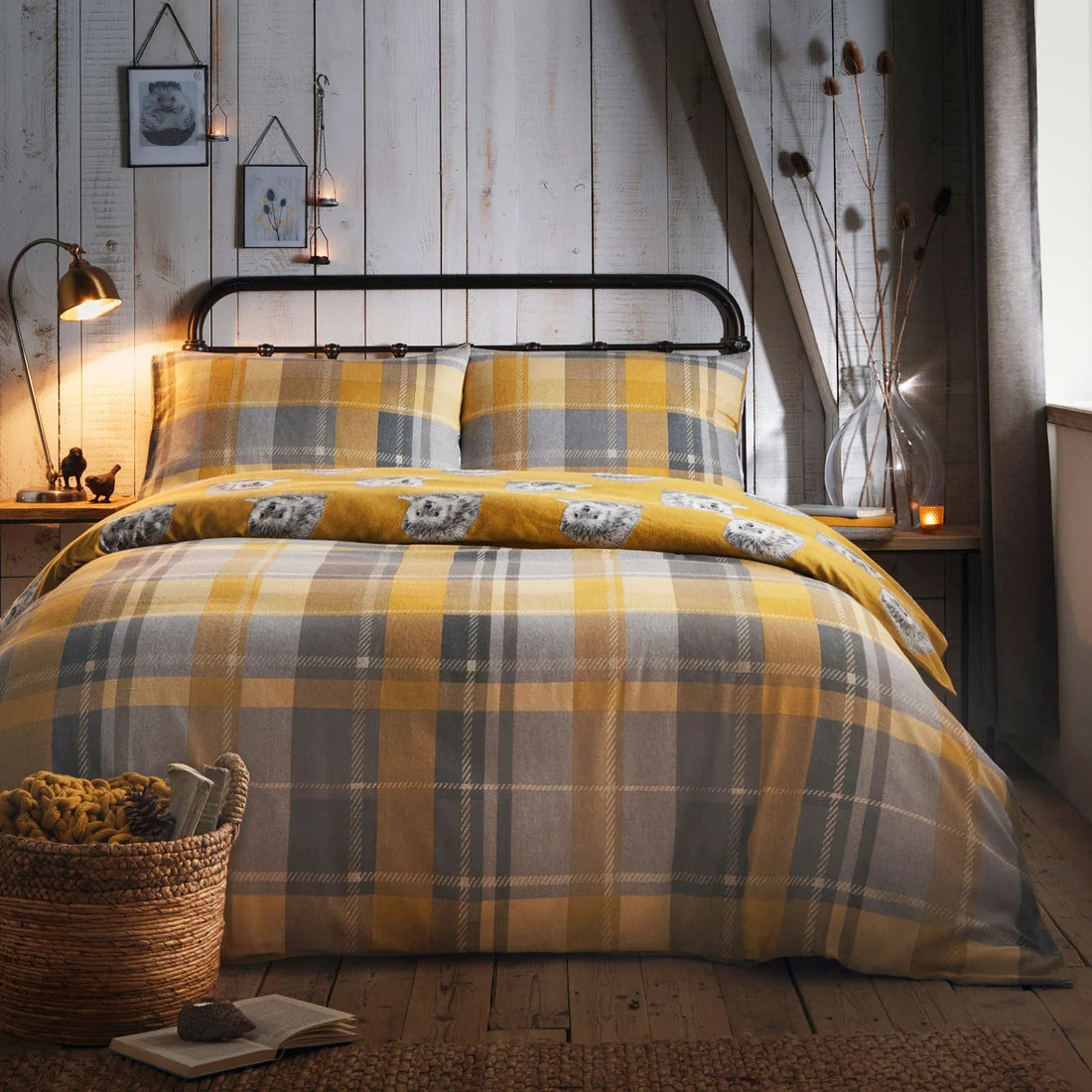 Dreams & Drapes Colville Check reversible brushed cotton duvet cover set in ochre.