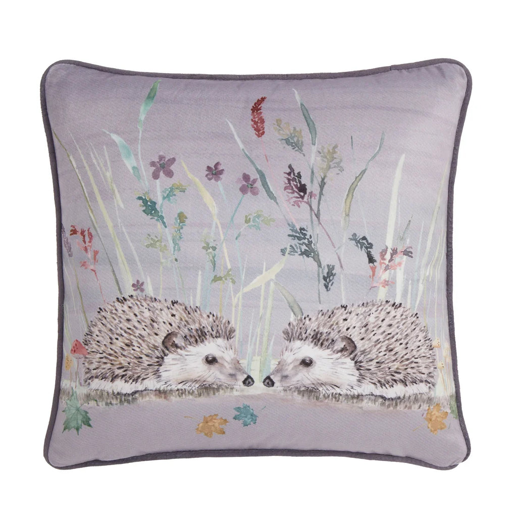 Close-up of the hedgehog design and piped edging on the Dreams & Drapes Colville Hedgehog cushion.