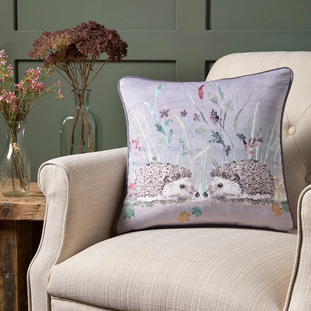 Dreams & Drapes Colville Hedgehog velvet cushion in grey 43 x 43cm.