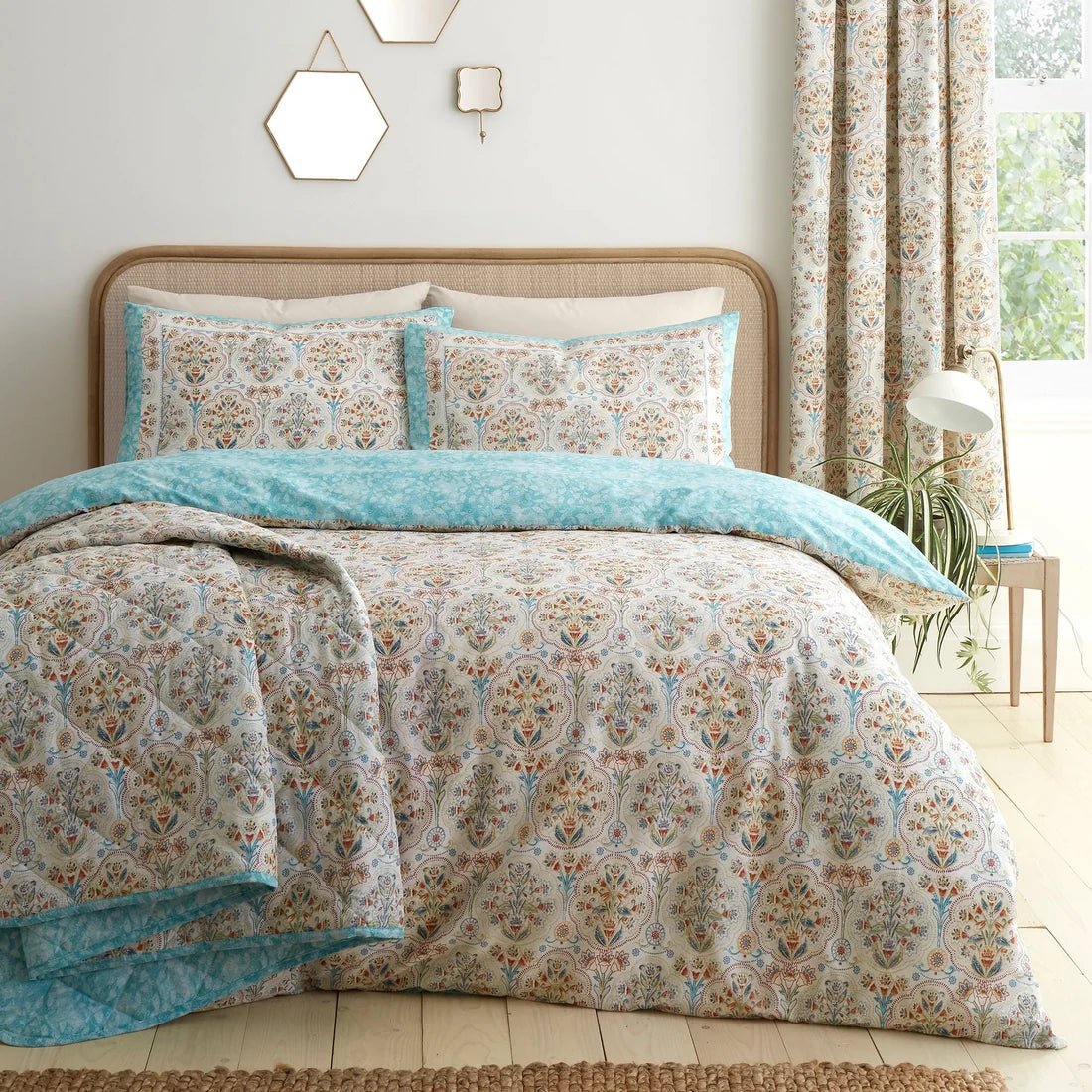Dreams & Drapes Edena Decorative Floral natural duvet cover set styled in an elegant bedroom.