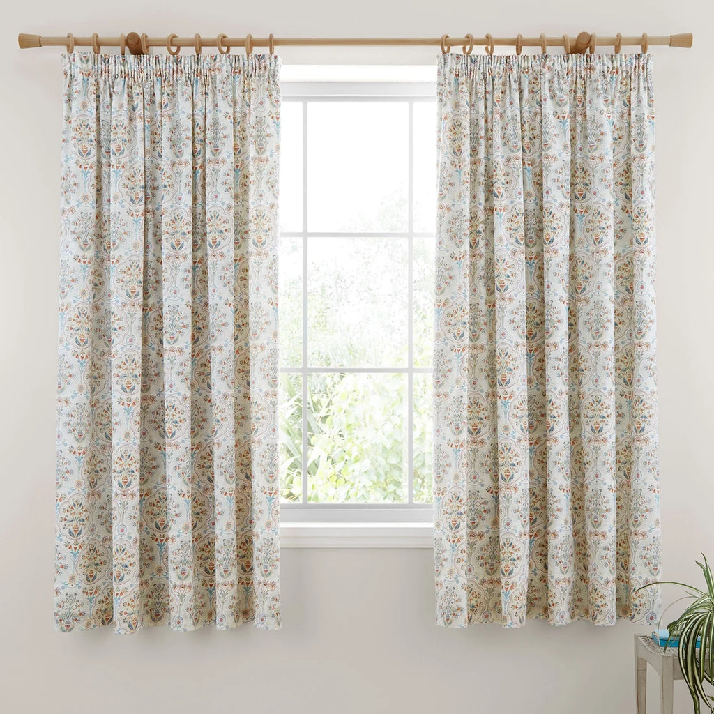 Dreams & Drapes Edena Decorative Floral lined pencil pleat curtains in Natural.