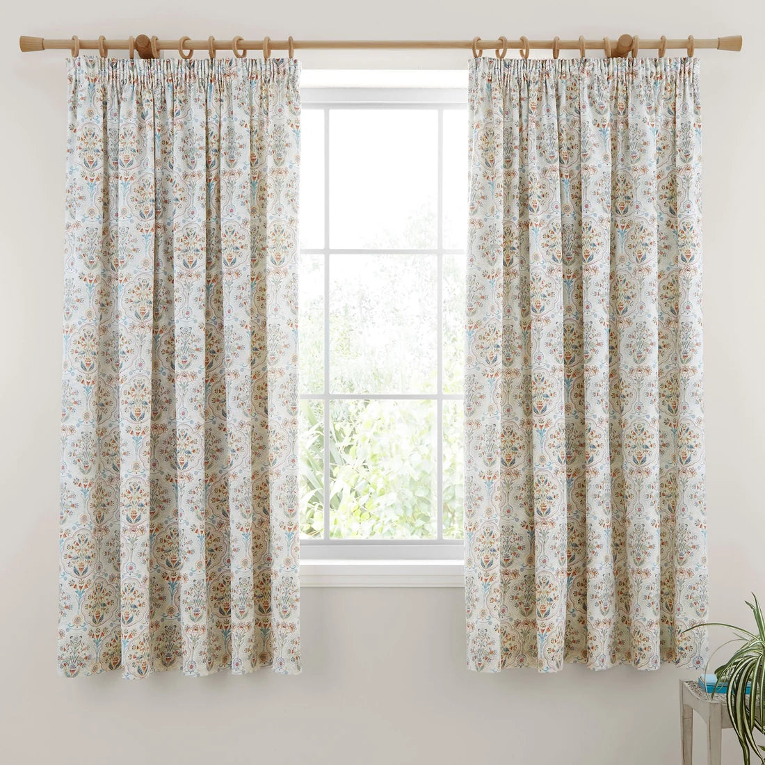 Dreams & Drapes Edena Decorative Floral lined pencil pleat curtains in Natural.