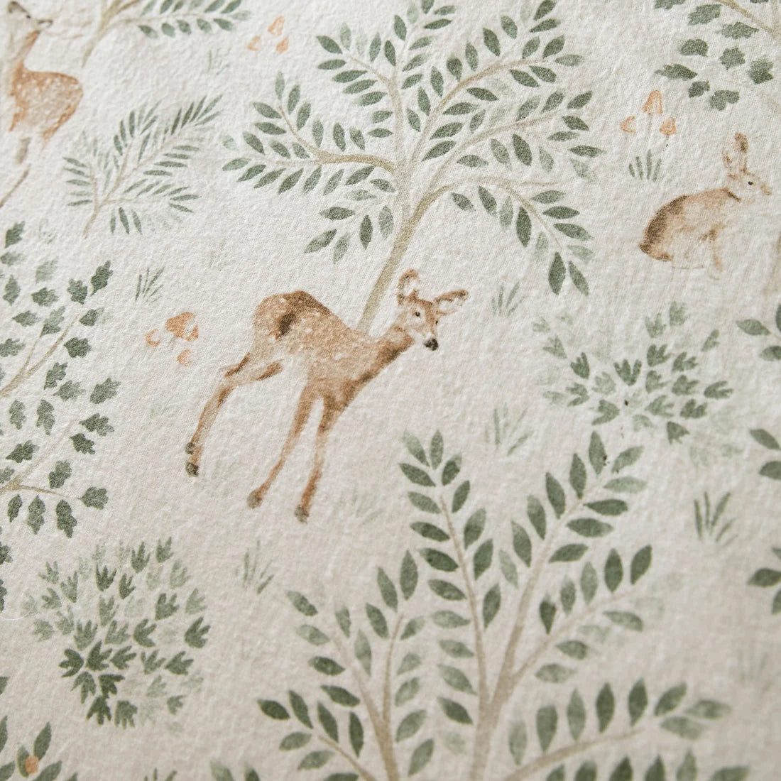 Close-up of the soft 100% brushed cotton fabric on the Dreams & Drapes Forest Animals duvet cover set.