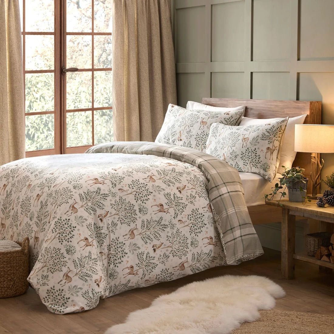 Dreams & Drapes Forest Animals reversible brushed cotton duvet cover set in natural.
