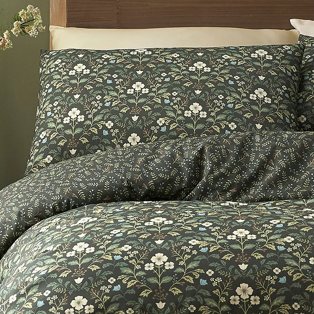 Close-up of the floral damask and botanical design on the Dreams & Drapes Heritage Floral duvet cover set.