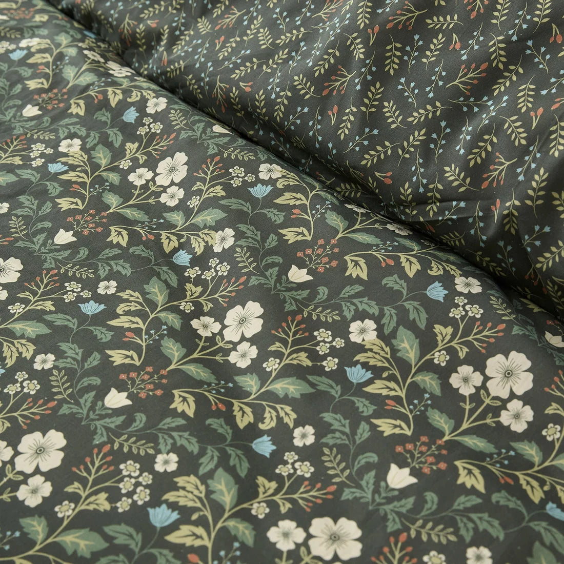 Close-up of the soft cotton-rich polycotton fabric on the Dreams & Drapes Heritage Floral duvet cover set.