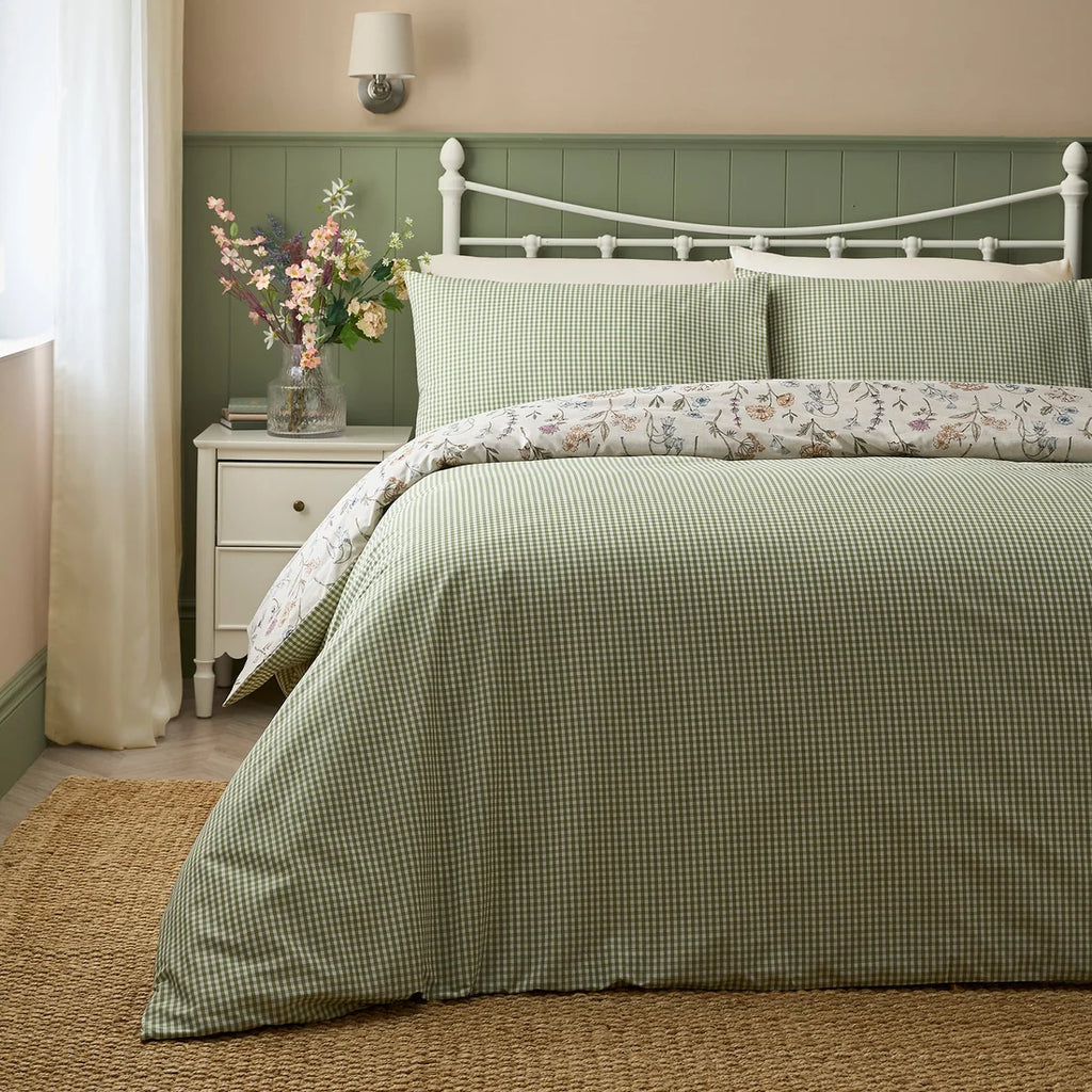 Mini gingham reverse on the Dreams & Drapes Meadow Floral duvet cover set.