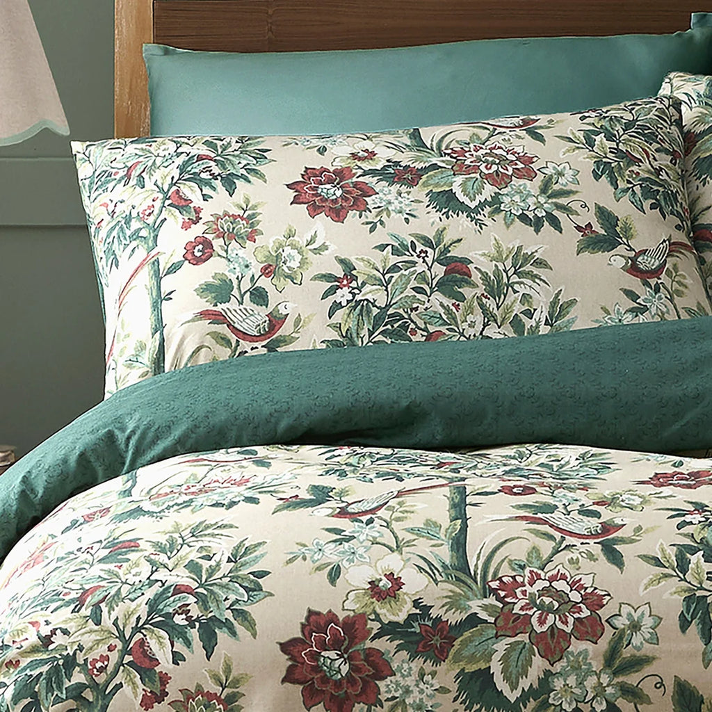 Close-up of the intricate floral tapestry pattern on the Dreams & Drapes Otillie Tapestry duvet cover set.