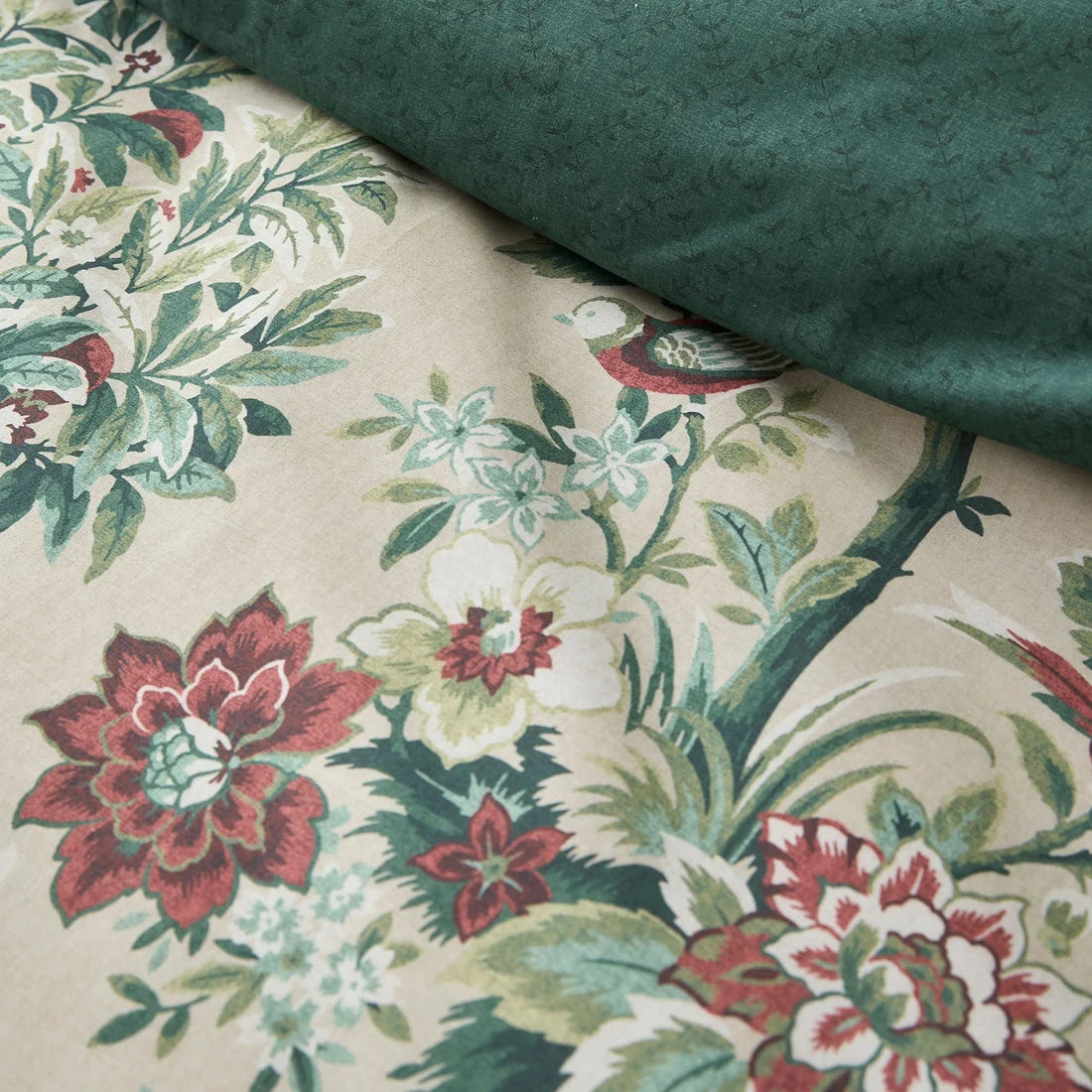 Close-up of the soft cotton-rich polycotton fabric on the Dreams & Drapes Otillie Tapestry duvet cover set.