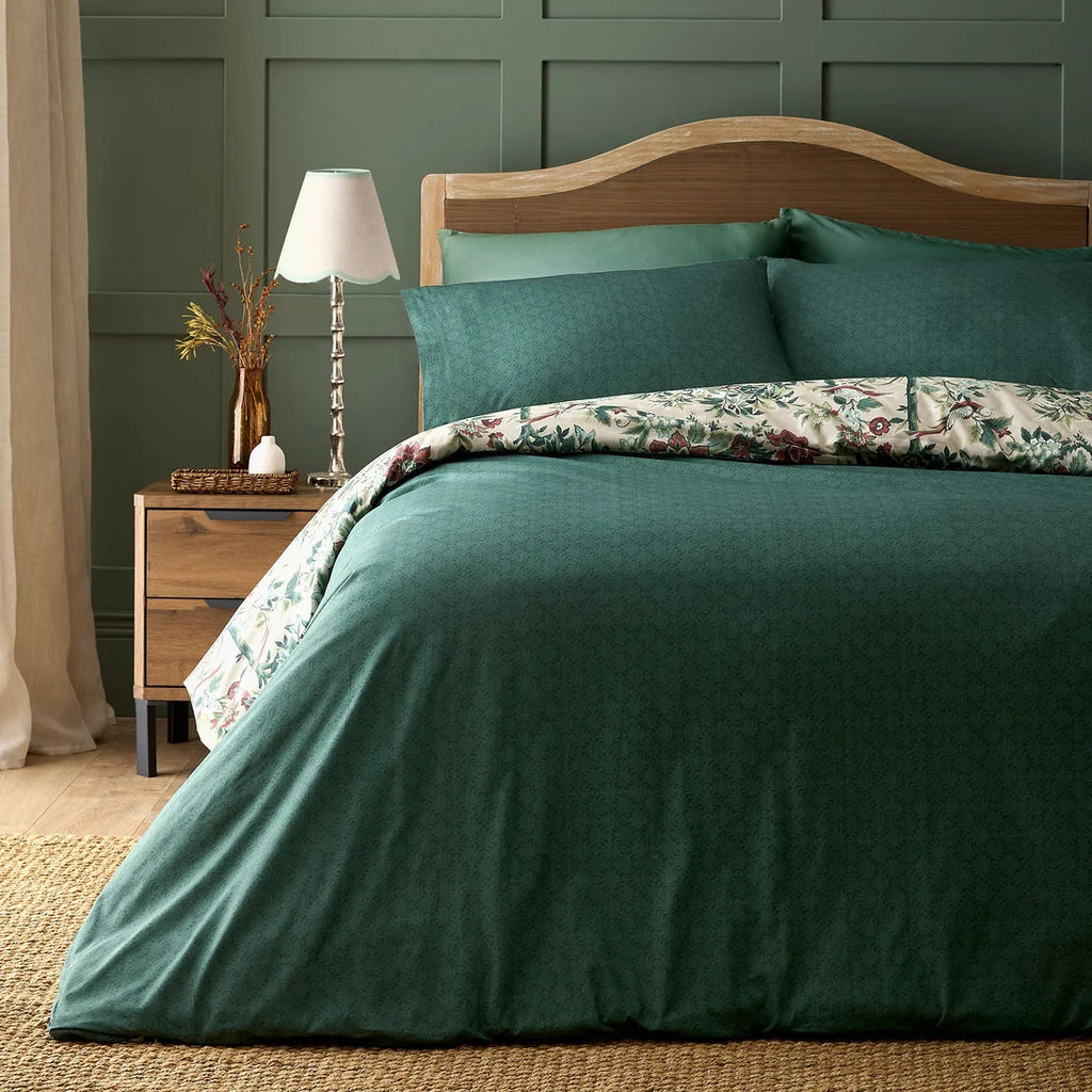 Coordinating reversible design on the Dreams & Drapes Otillie Tapestry duvet cover set.