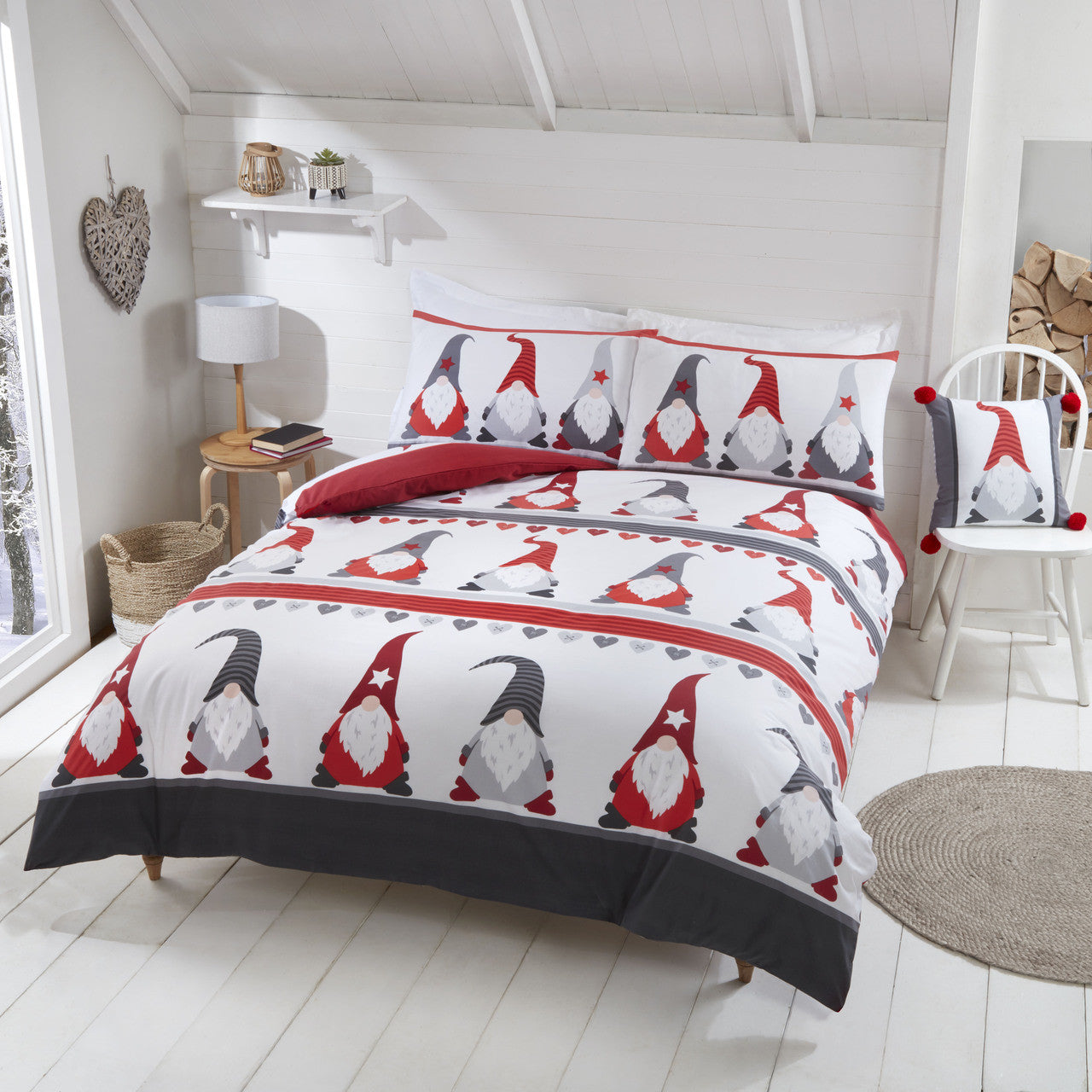 Festive Gonks duvet cover set styled in a cosy Christmas bedroom.