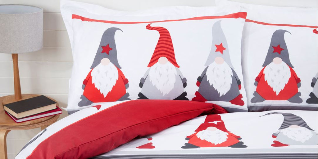Close-up of the soft cotton-rich fabric on the Festive Gonks duvet cover set.