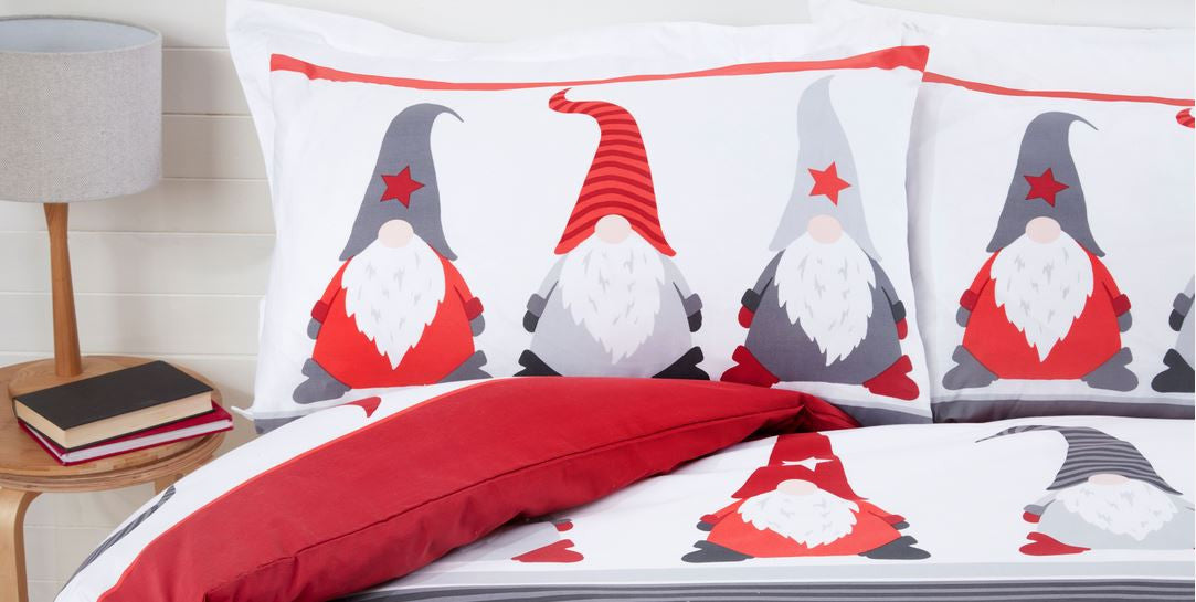 Close-up of the soft cotton-rich fabric on the Festive Gonks duvet cover set.