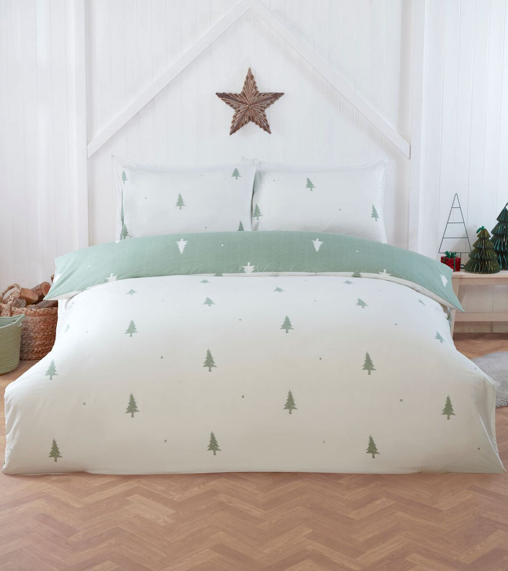Reverse design of the Fir Tree Sage Green duvet cover set.