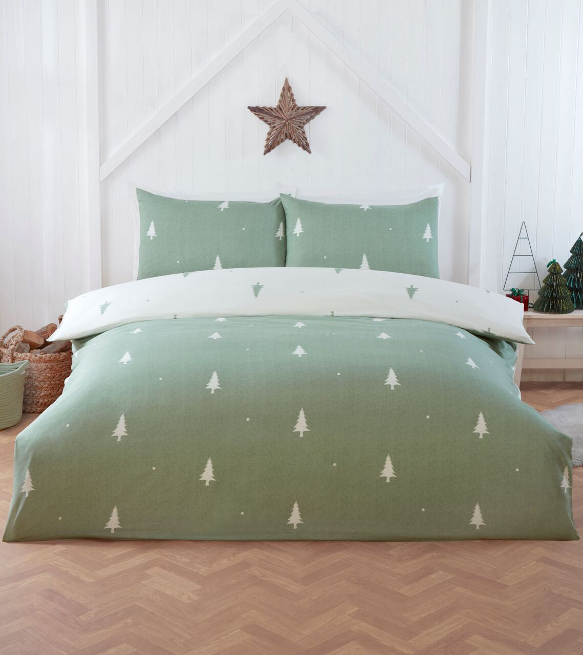 Fir Tree reversible duvet cover set in Sage Green with a white winter tree design.