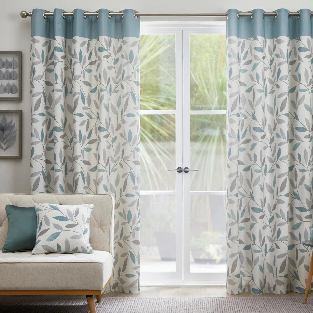 Fusion Beechwood eyelet curtains in duck egg with an interlocking leaf design.