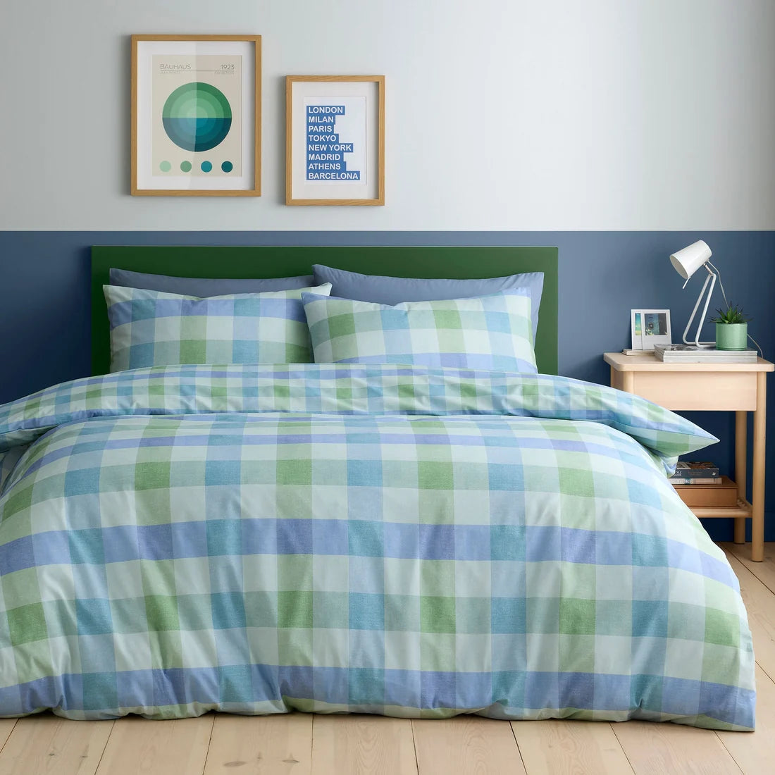 Fusion Block Check reversible polycotton duvet cover set in blue.