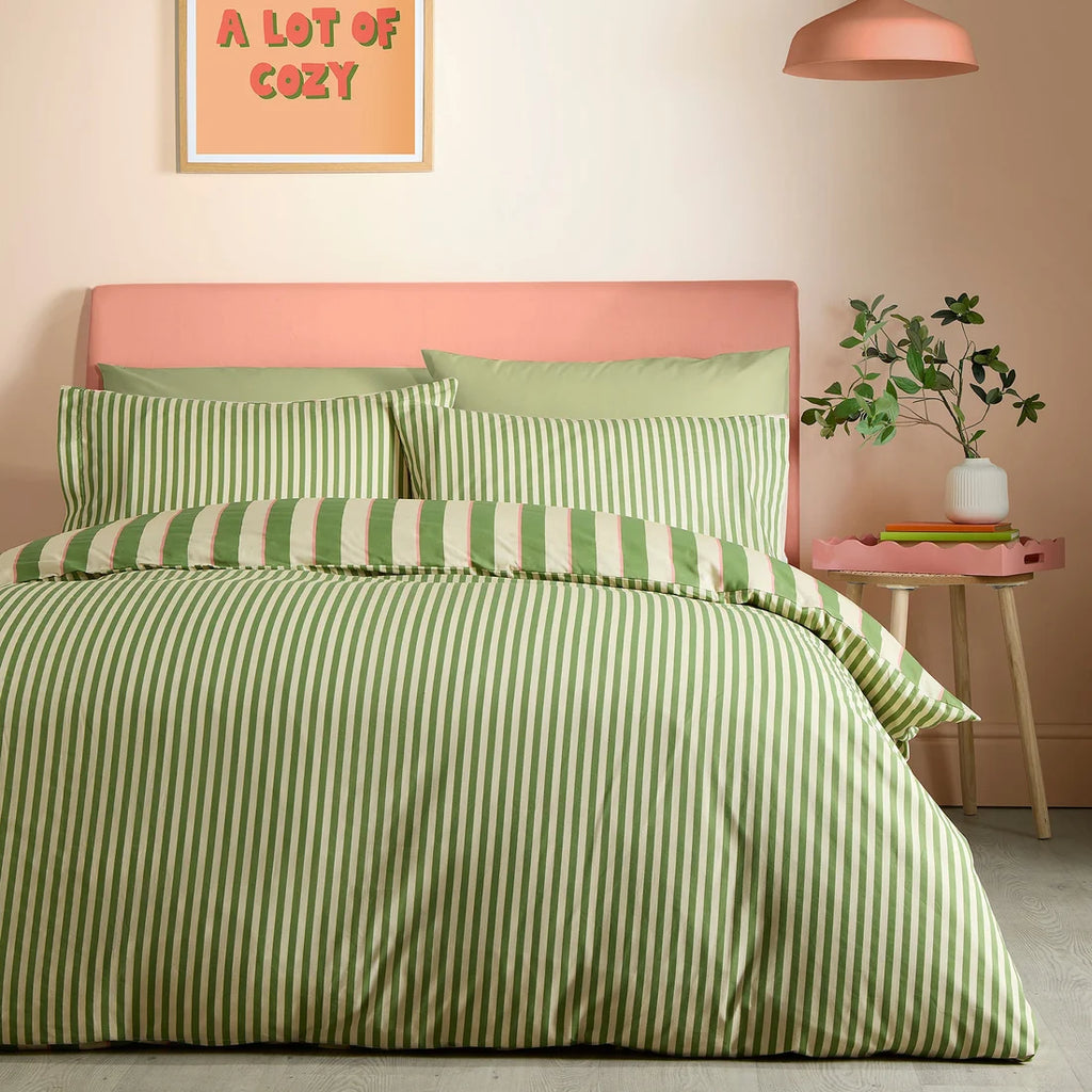 Fusion Bold Stripe polycotton duvet cover reverse with green stripes