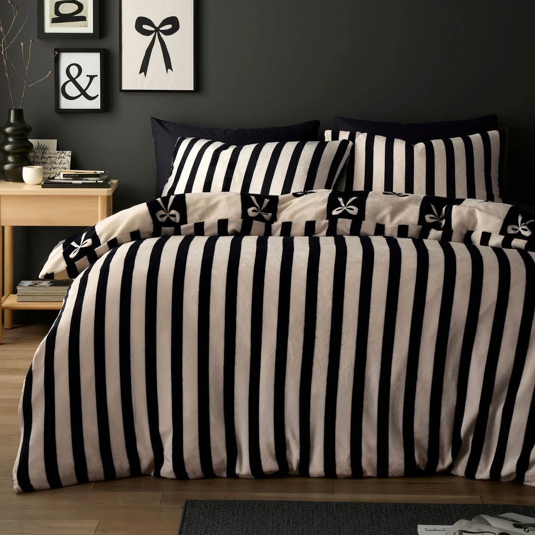 Fusion Bows duvet cover set in monochrome with striped reverse