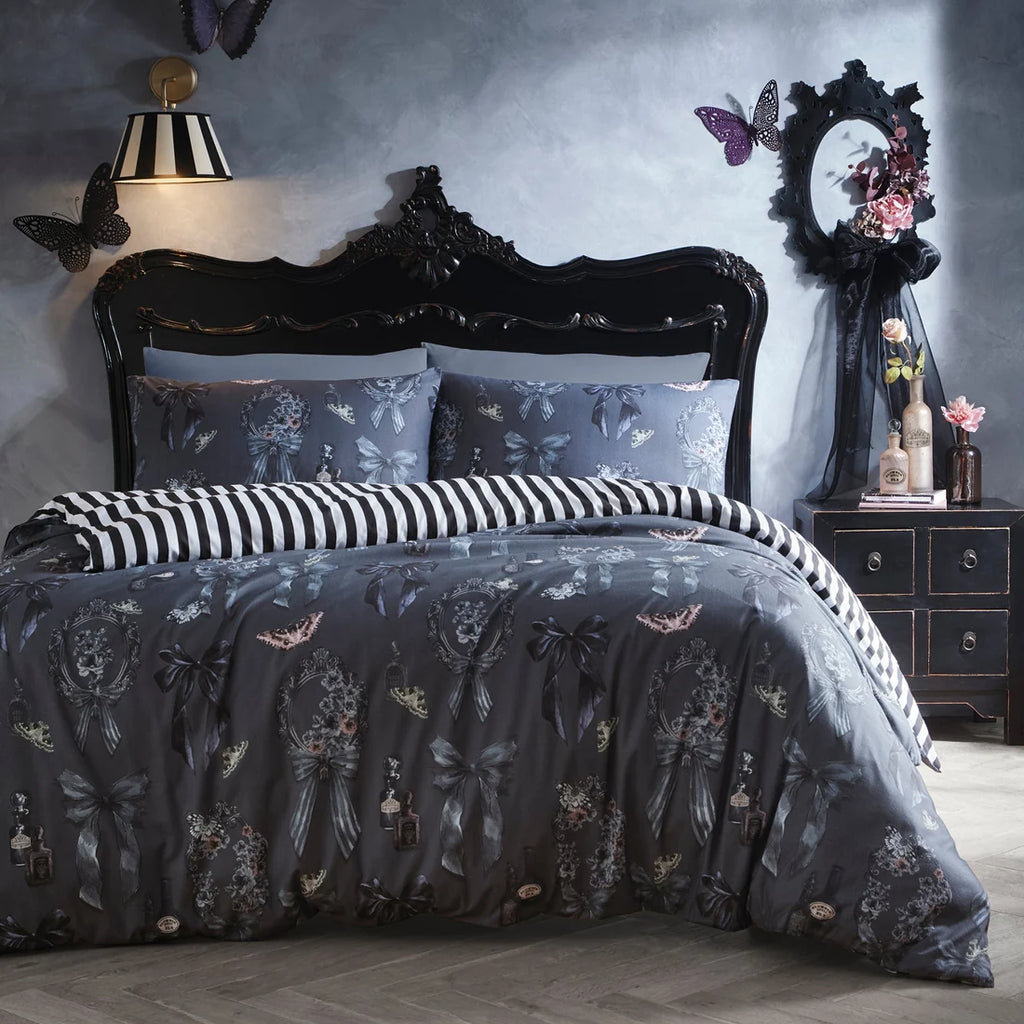 Fusion Bows Noir Halloween reversible polycotton duvet cover set in grey.