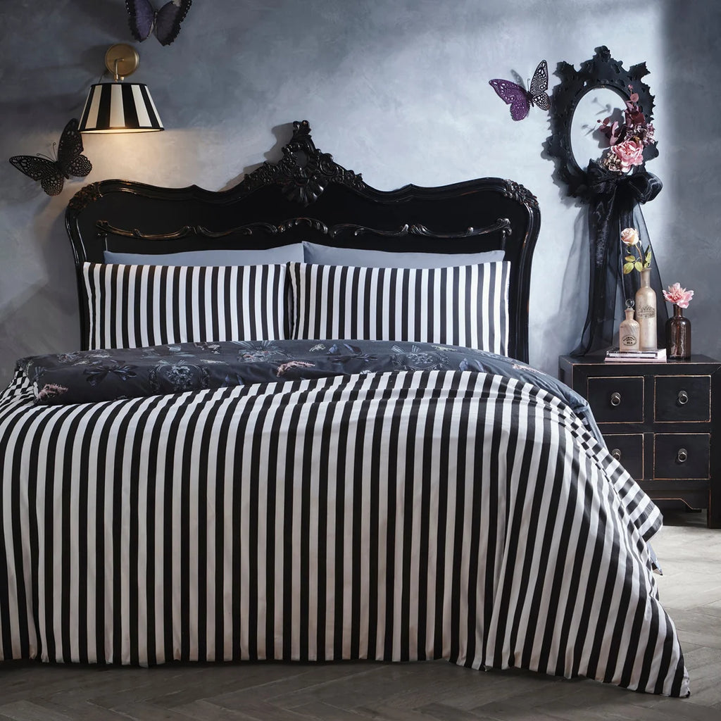 Monochrome striped reverse on the Fusion Bows Noir Halloween duvet cover set.
