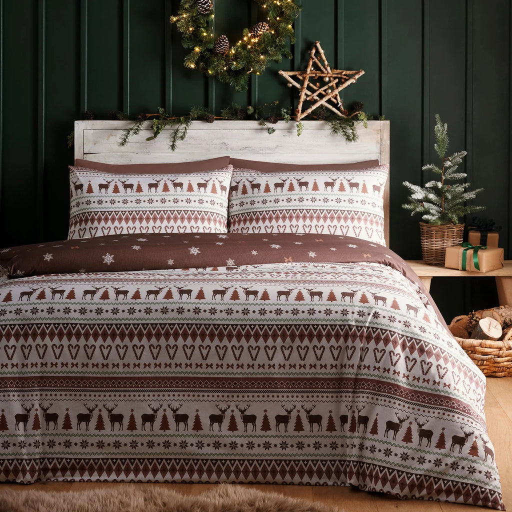 Fusion Christmas Fairisle duvet cover set in Natural with festive motifs and heart-shaped candy canes.