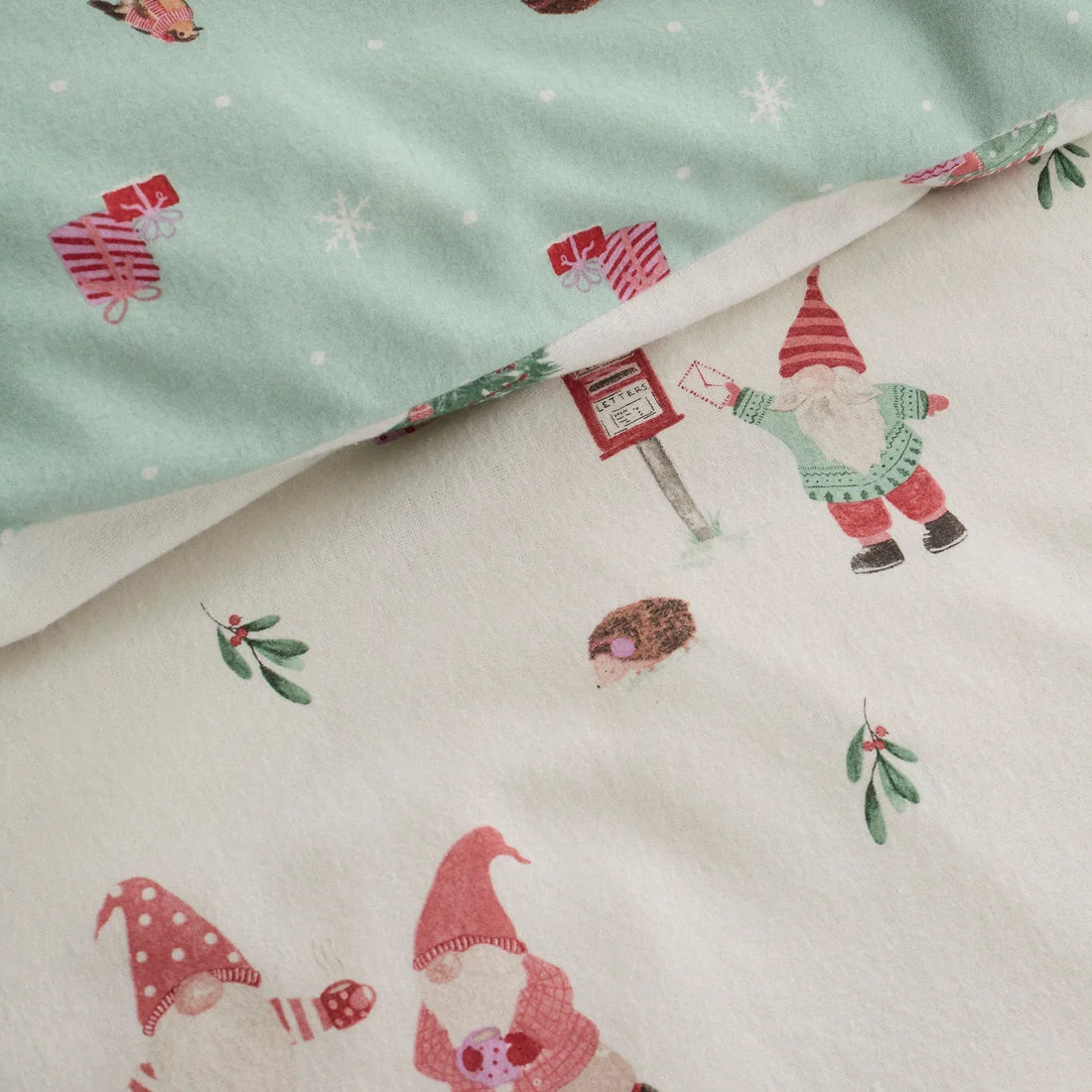 Close-up of the soft 100% cotton fabric on the Fusion Christmas Gonks duvet cover set.