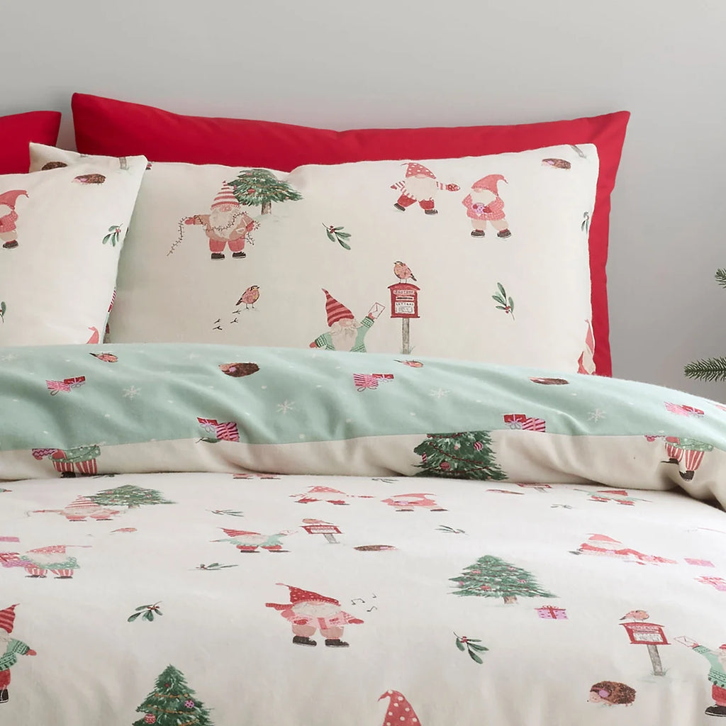 Close-up of the festive gonk and Christmas tree design on the Fusion Christmas Gonks duvet cover set.