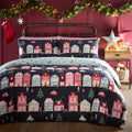 Fusion Christmas Houses duvet cover set in Navy with colourful houses and cosy winter scenes.