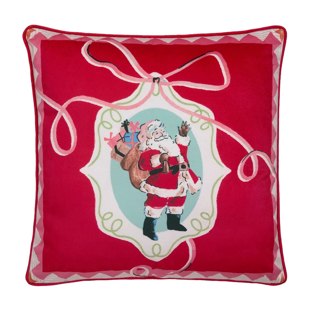 Close-up of the vintage Christmas illustrations and decorative bow frames on the Fusion Christmas Vintage Frames cushion.