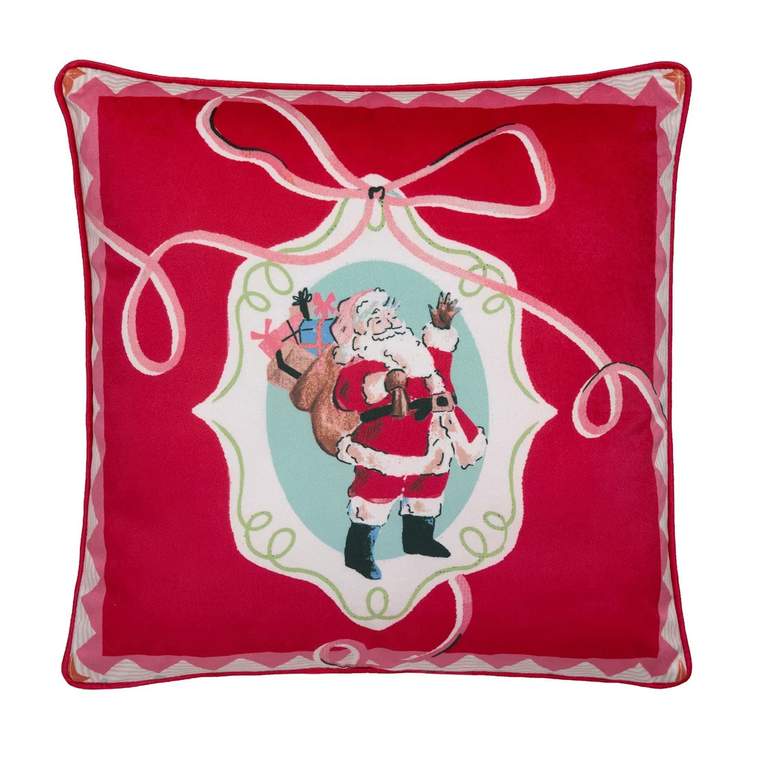 Close-up of the vintage Christmas illustrations and decorative bow frames on the Fusion Christmas Vintage Frames cushion.