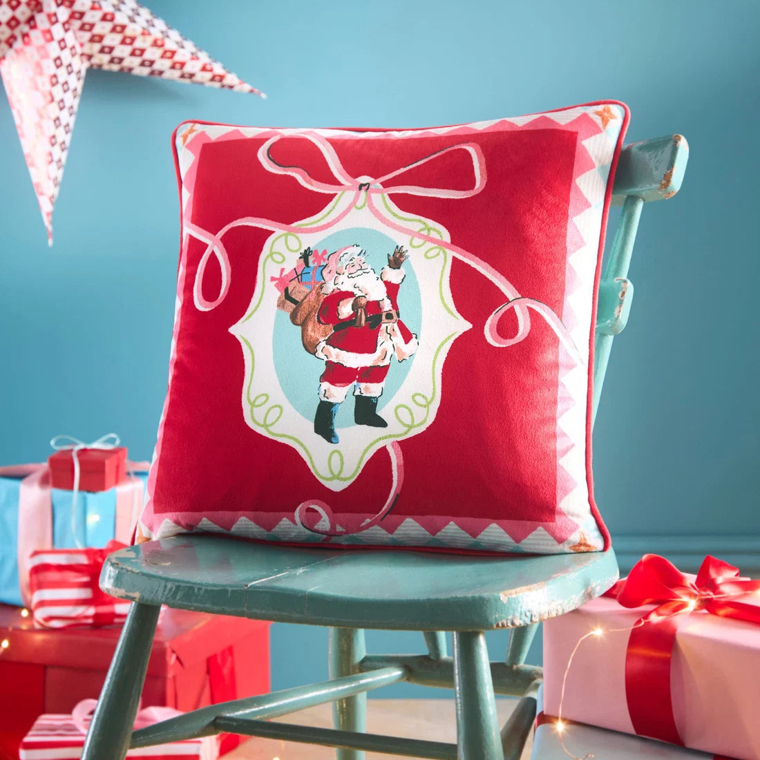 Fusion Christmas Vintage Frames velvet cushion in red 43 x 43cm.