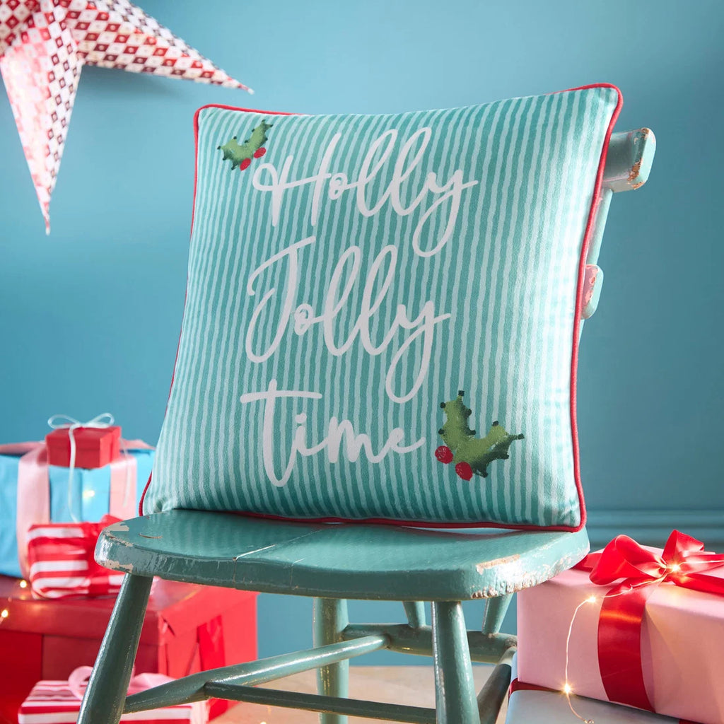Striped reverse with Holly Jolly Time slogan on the Fusion Christmas Vintage Frames cushion.