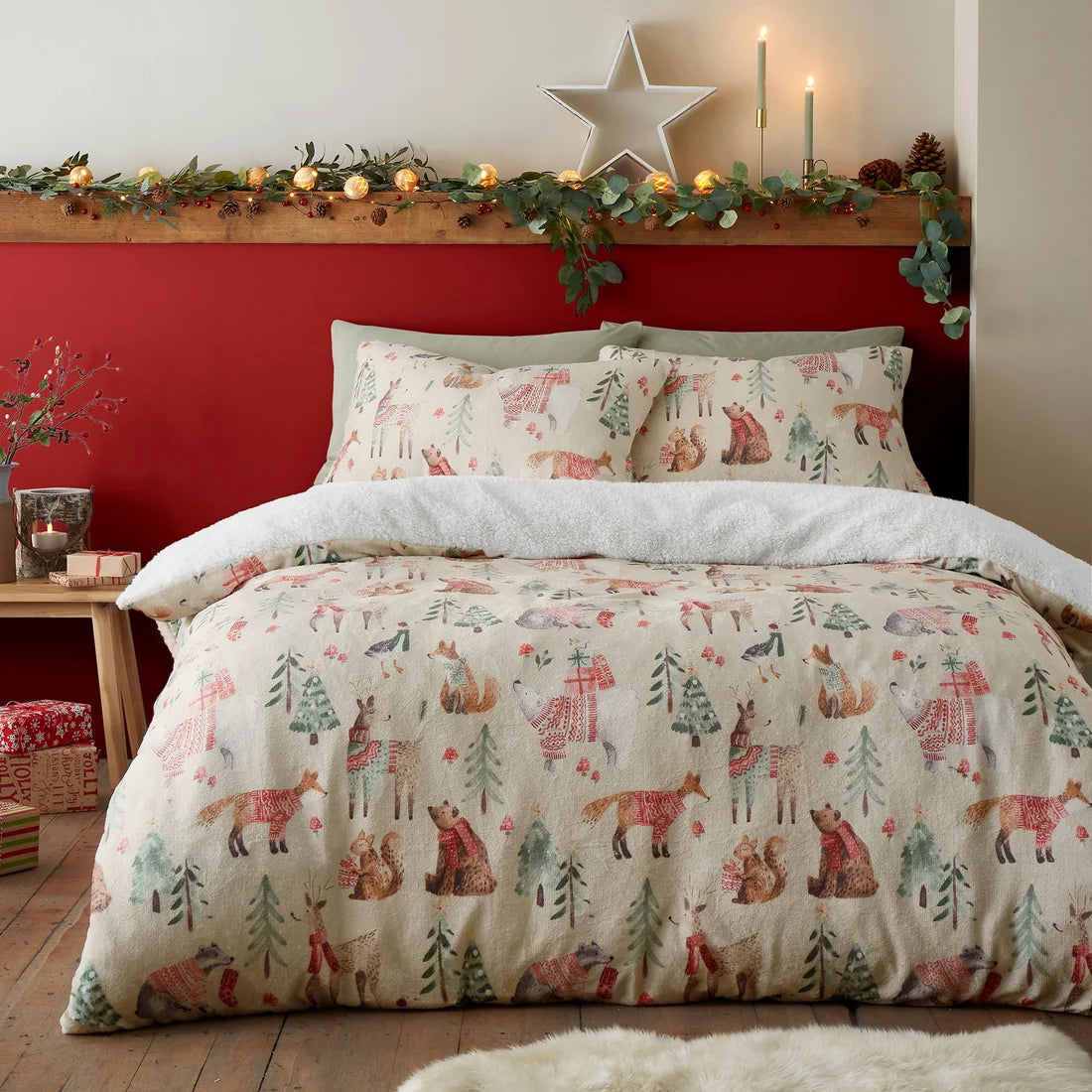 Fusion Christmas Woodland Animals sherpa fleece duvet cover set in natural.