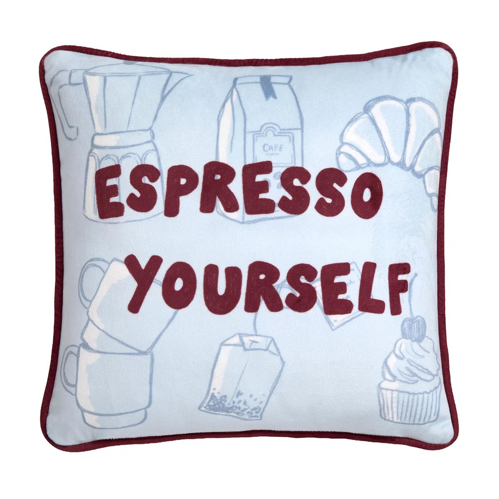 A square decorative throw pillow with a light blue background, featuring the phrase 'ESPRESSO YOURSELF' in dark red letters. The pillow is decorated with light blue line drawings of coffee-themed items (moka pot, coffee bag, cup, teabag, cupcake) and has a dark red border.